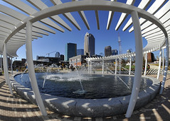 photo of First Ward Park fountain, Charlotte skyline in background