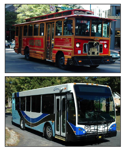 Photo of CATS  original Gold Rush trolley-style bus and later 29 ft. commuter bus