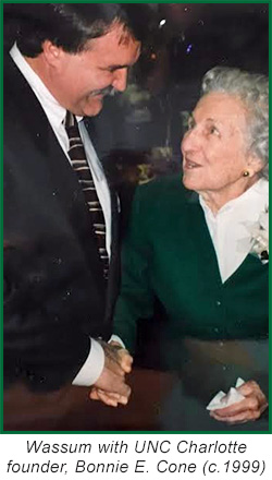 Photo of Keith Wassum greeting UNC Charlotte founder, Bonnie E. Cone