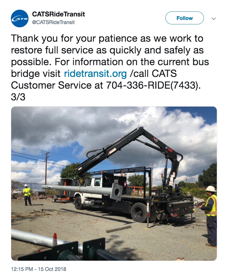 Photo from CATS Tweet of equipment used in replacing a large pole