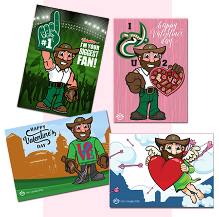 Photo of 4 illustrated Valentine's Day postcards featuring mascot Norm Niner