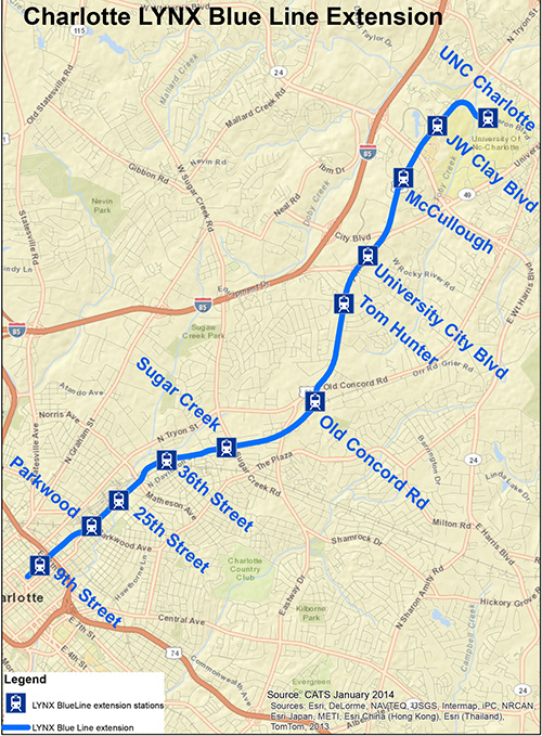 map showing LYNX Blue Line Northeast Corridor Extension route and stations