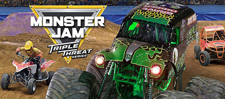 Monster Jam event logo superimposed over monster truck and vehicles